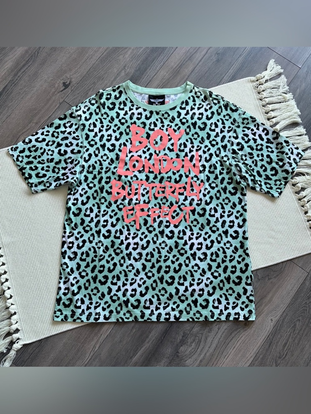 rare BOY LONDON Leopard Print Butterfly Effect Mint Green Tshirt